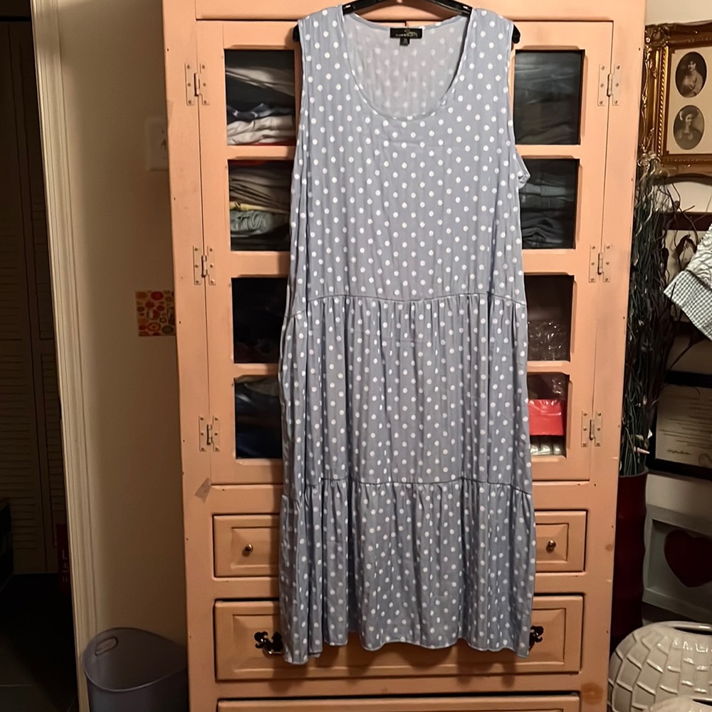 Breezy Blue w/ White Polka Dot Scoop Neck Sleeveless Tiered Maxi Dress